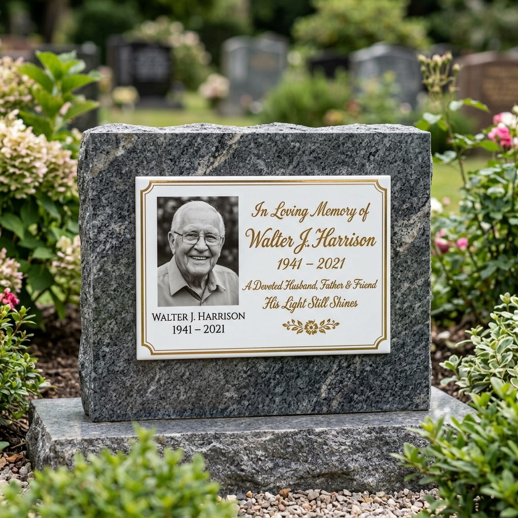 Placa de porcelana retangular para túmulo instalada em jazigo de mármore cinza com escrita gravada.