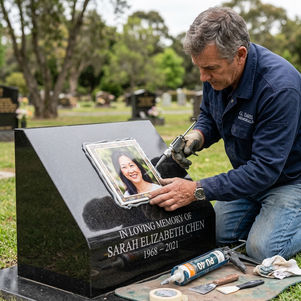 Aplicação de foto porcelana e placa memorial em lápide de granito com adesivo PU 40.