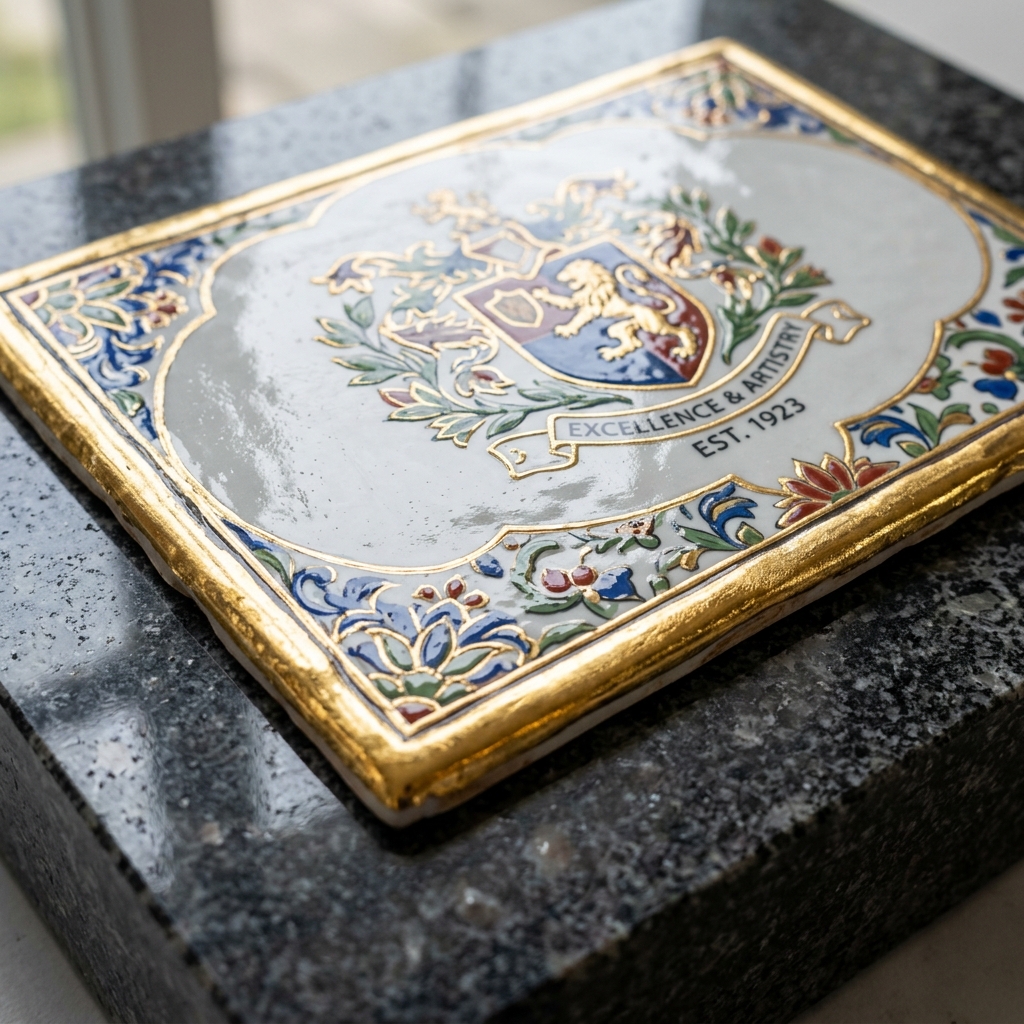 Placa de porcelana branca para túmulo com foto e escrita gravada montada em lápide de granito.