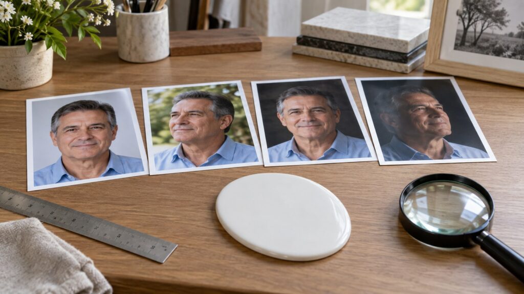 Seleção de fotografias para produzir foto de porcelana para túmulo