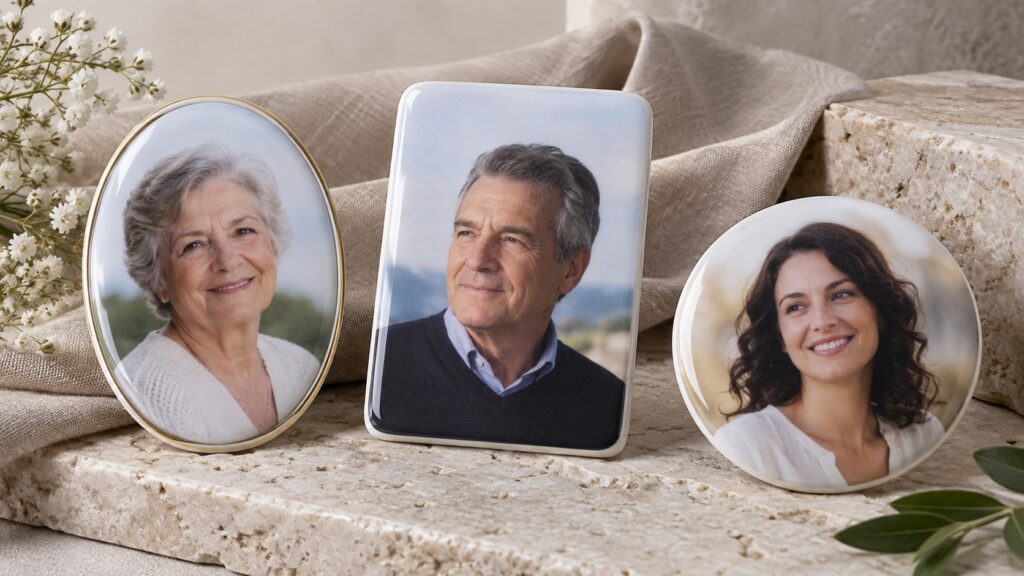 Modelos de placas para cemitério com fotos em diferentes formatos de porcelana