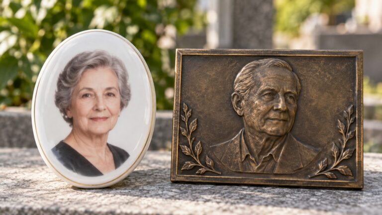 Placa para túmulo com foto: porcelana ou bronze?